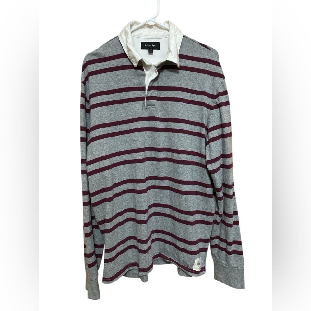 Hawker Rye Mens Gray & Maroon Striped Long Sleeve Rugby Polo Style Shirt Size XL